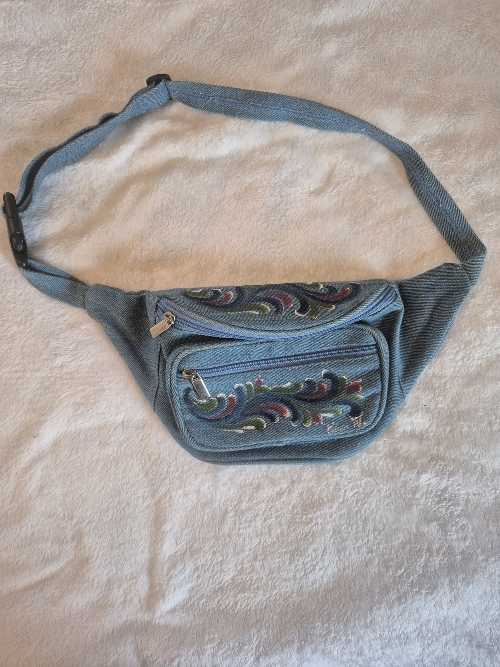 Light Blue Embroidered Denim Crossbody Belt Bag